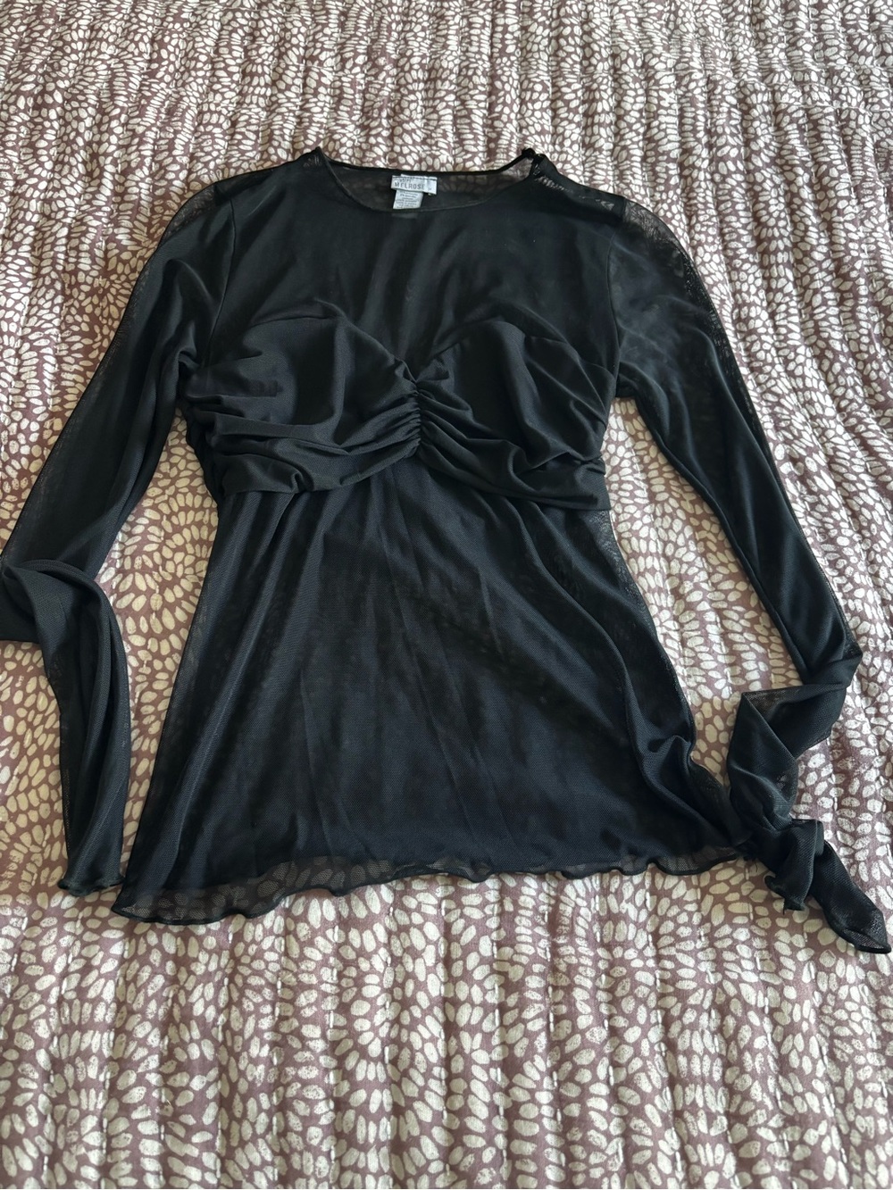 Sheer Black Ruched Bust Long Sleeve Blouse